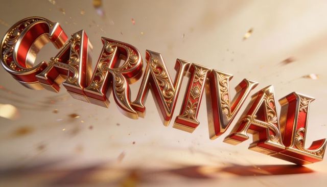 Floating carnival letters with gold filigree and confetti luxury ornate typography