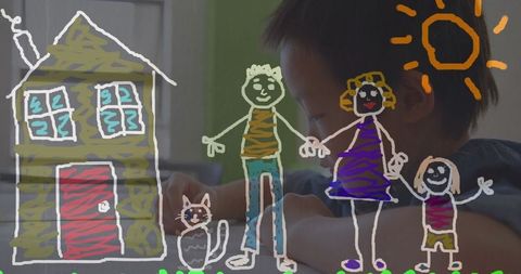 Childlike Drawing Illustrates Family and Home Overlapping School Setting