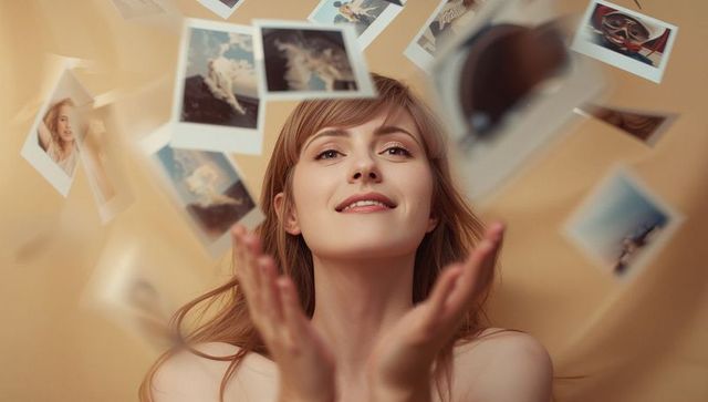 Woman tossing instant photographs with playful nostalgia
