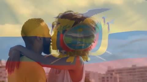 Couple Embracing with Ecuadorian Flag Overlay in Urban Setting
