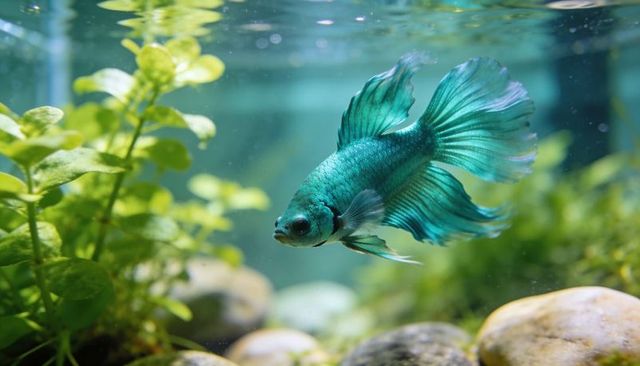 Swimming teal betta fish with flowing fins in planted aquarium with pebbles and plants