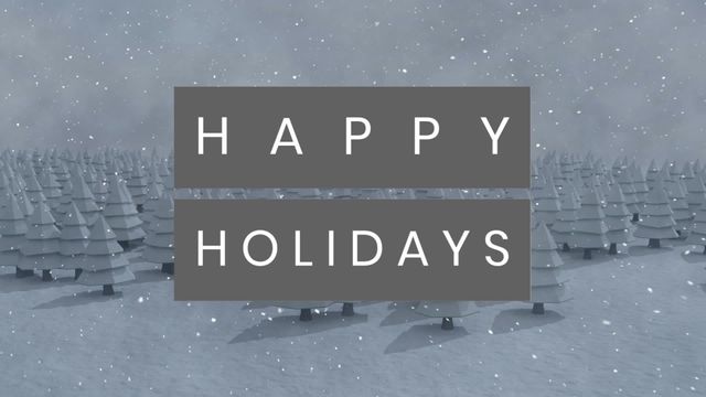 Festive digital animation featuring 'Happy Holidays' text over a tranquil winter forest scene. Ideal for holiday greeting cards, social media posts, festive email newsletters, and digital holiday campaigns.