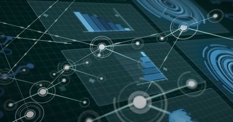 Expanding data network with pulsing metric nodes and holographic analytics dashboard