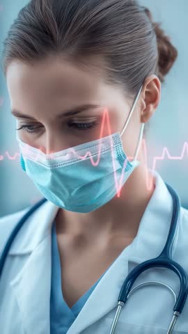 Vertical video masked doctor wearing stethoscope tracking ECG pulse with animated heartbeat trace