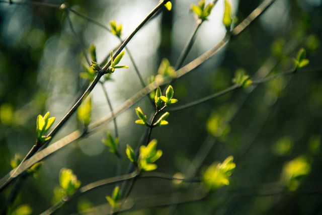 Young green leaves budding on branches signify the beginning of spring. The sunlight filters through the foliage, creating a soft and well-lit background. Perfect for nature-themed projects, spring promotion materials, or environmental campaigns.