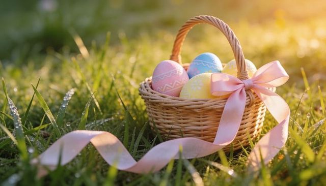 Wicker basket holding pastel easter eggs on dewy grass at sunrise with pink ribbon