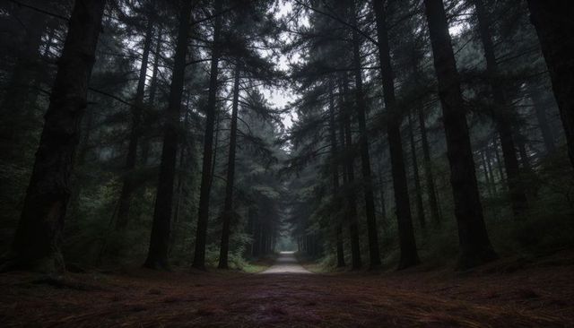 Narrow trail winding through misty conifer forest with towering trunks and dim canopy