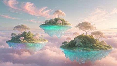 Whimsical Floating Islands with Blooming Trees Over Enchanted Clouds