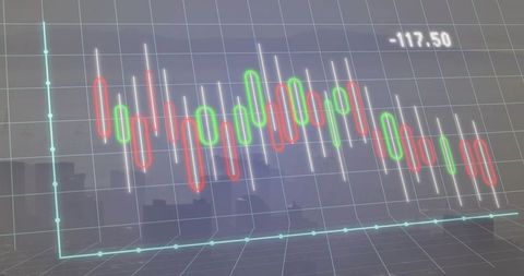 Futuristic Candlestick Chart on Grid Overlaying Cityscape Showing Market Volatility