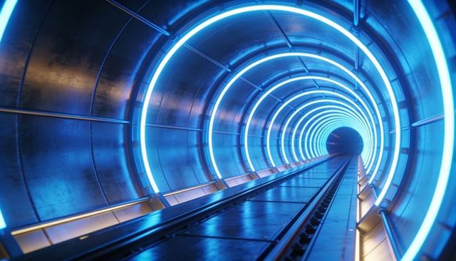 Futuristic neon transit tunnel with glowing rings, symmetry and endless perspective