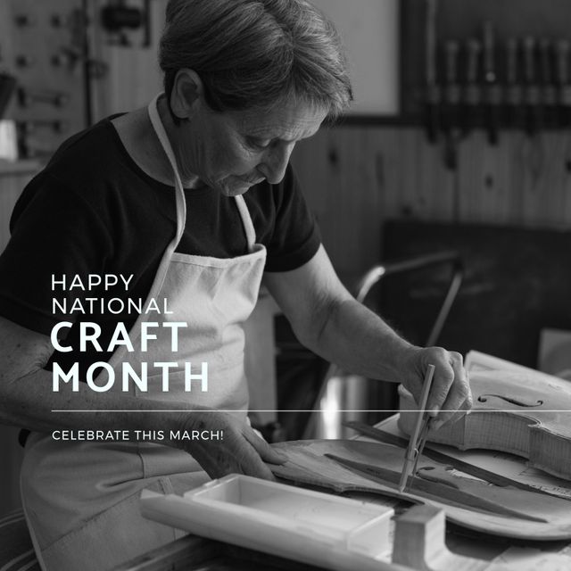 Female violin maker wears apron while working in a woodworking workshop. Image highlights craftsmanship and dedication associated with National Craft Month, perfect for promoting arts and crafts events, workshops, artisan profiles, and handmade instrument advertisements.