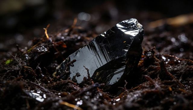 Gleaming obsidian shard resting on damp peat with tangled rootlets macro mineral texture