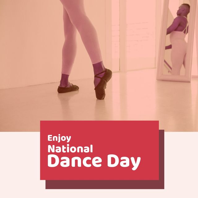 Image of african american male ballet dancer feet in dancing shoes and enjoy national dance day. Ballet, classic dance, national dance day and celebration concept.
