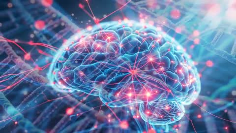 3D Brain Model with Glowing Neural Synapses and DNA Helices