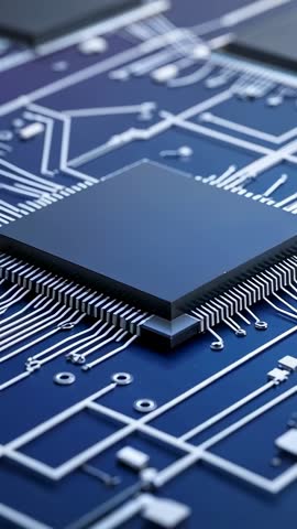 Vertical macro video shifting focus on microchip on blue PCB revealing circuit traces