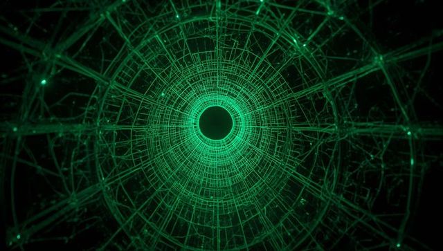 Futuristic Green Wireframe Tunnel with Central Void