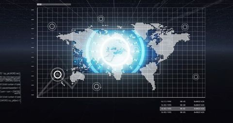 Futuristic holographic world map with glowing circular HUD, target markers and data grid interface