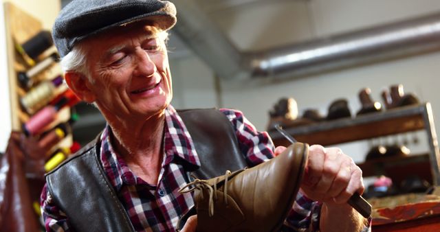 Smiling Elderly Cobbler Crafting Leather Shoe in Workshop - Download Free Stock Photos Pikwizard.com