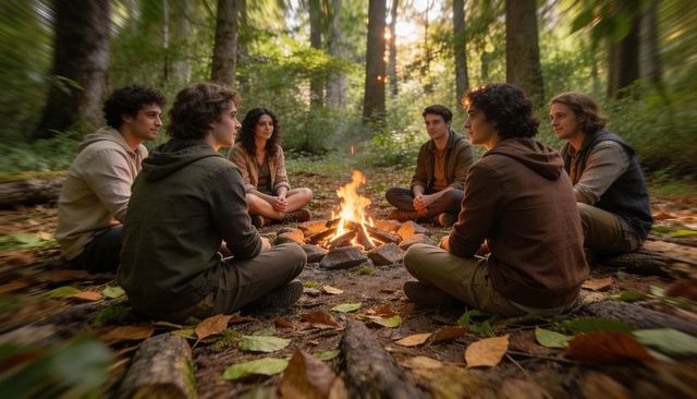 Young friends gathering around campfire in forest clearing at dusk sharing stories
