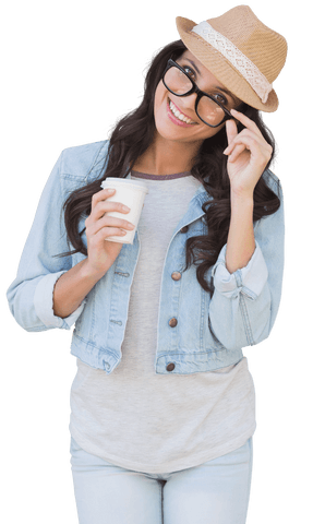 Smiling Caucasian Woman with Hat and Glasses on Transparent Background