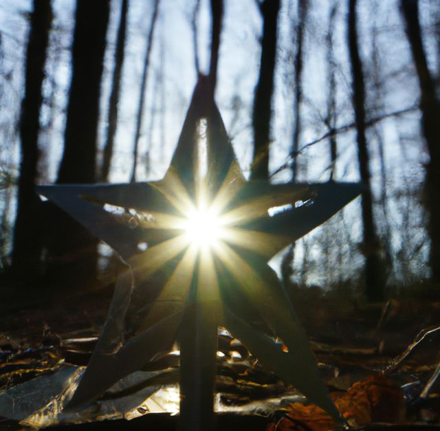 Image of star with light shining through the middle amongst trees in forest. Christmas, shooting star and nature concept.