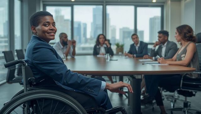 Inclusive business leader in wheelchair leads meeting in modern office