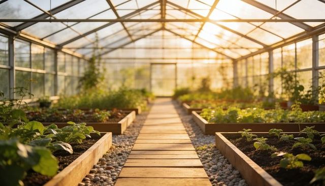 Sunlight streaming through greenhouse leading wooden path between raised vegetable beds