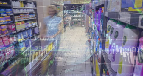 Woman Shopping in Digital Interface Overlay with Data Graphics