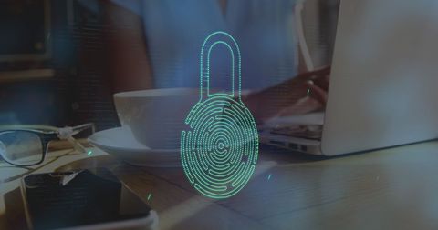 Fingerprint Padlock Overlay on Businesswoman with Laptop