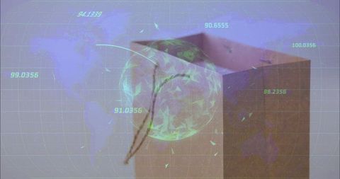 Holographic Globe Projecting Above Wooden Box with Twine Accent 3D Neon Data HUD Overlay