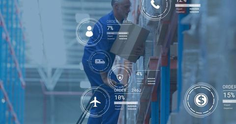 Logistics worker organizing box in smart warehouse environment