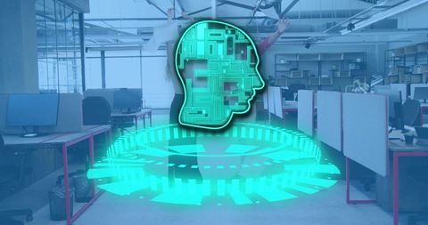 Teal holographic ai head projecting futuristic hud over open office team celebrating