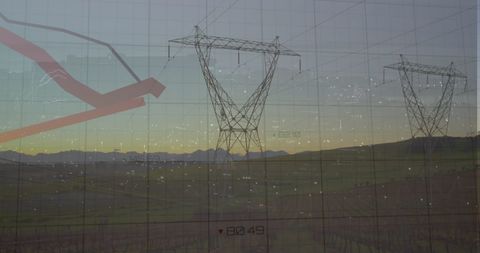 Data flow overlay with electricity pylons and red line graph