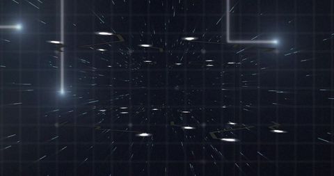 Neon grid tunnel showing speeding light particles, centered radiant cluster and digital motion