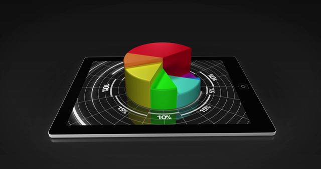 Graphic depicts a 3D pie chart on a tablet screen, illustrating data visualization in a modern, digital interface. Ideal for use in presentations, financial reports, business analytics materials, and educational resources focused on statistics and data analysis.