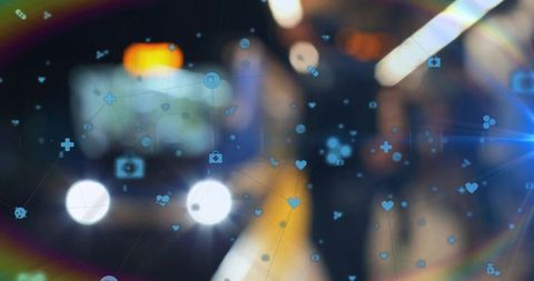 Urban telehealth network overlay with medical icons, city silhouettes and night bokeh