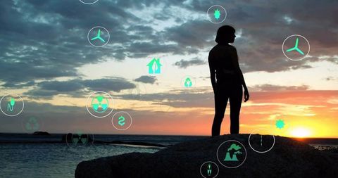 Silhouette of Person on Rocky Shore at Sunset with Eco Icons
