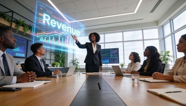 Presenting executive pointing at holographic revenue dashboard in modern boardroom