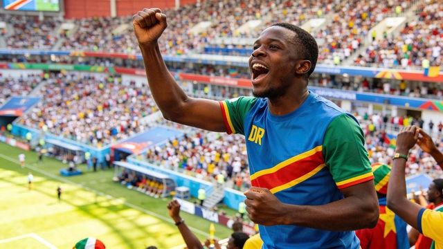 Passionate fan cheering at soccer stadium wearing dr congo colors, pumping fist