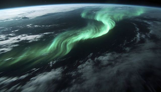 Orbiting auroral ribbon flowing across night side, green atmospheric glow over cloudscape