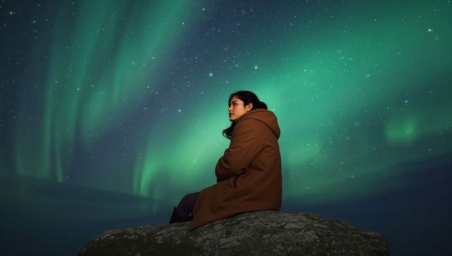 Woman gazing at northern lights while sitting on rocky outcrop under starry night sky