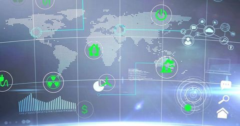 Global energy dashboard displaying renewable power icons on futuristic interface