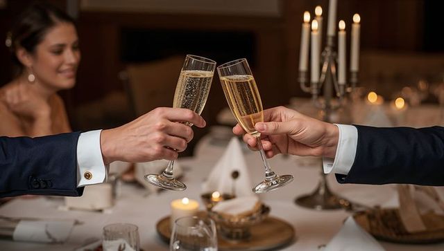 Romantic champagne toast at candlelit luxury dinner table with candelabra