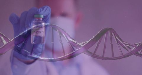 Masked lab technician holding covid-19 vaccine vial with dna helix overlay for biotech