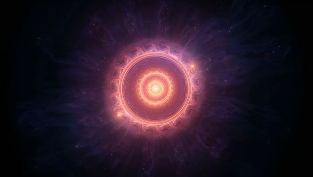 Glowing Fractal Mandala Radiating Tendrils in Dark Purple Nebula with Concentric Rings