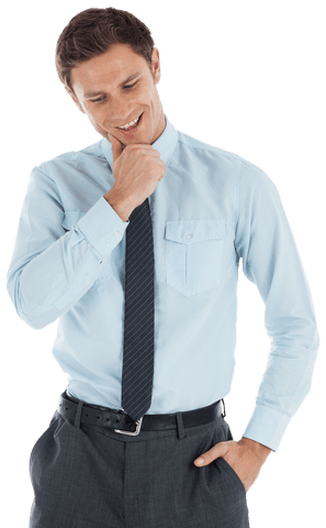 Transparent thoughtful businessman posing with hand on chin