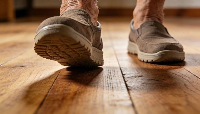 Senior walking on hardwood floor slip-on shoes no-show socks close-up of feet and ankles