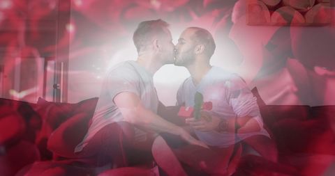 Valentine's Day Romance: Diverse Male Couple Kissing with Red Rose Overlay