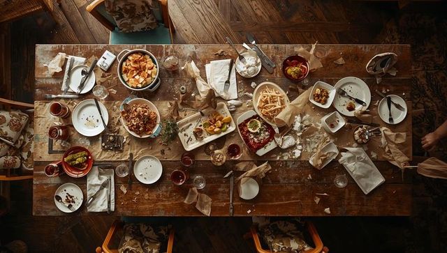 Rustic Post-Meal Feast on Long Wooden Table with Crumbs and Scattered Dishes