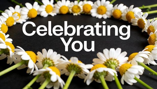 Daisy wreath on black backdrop with celebrating you text — floral circle for greeting cards